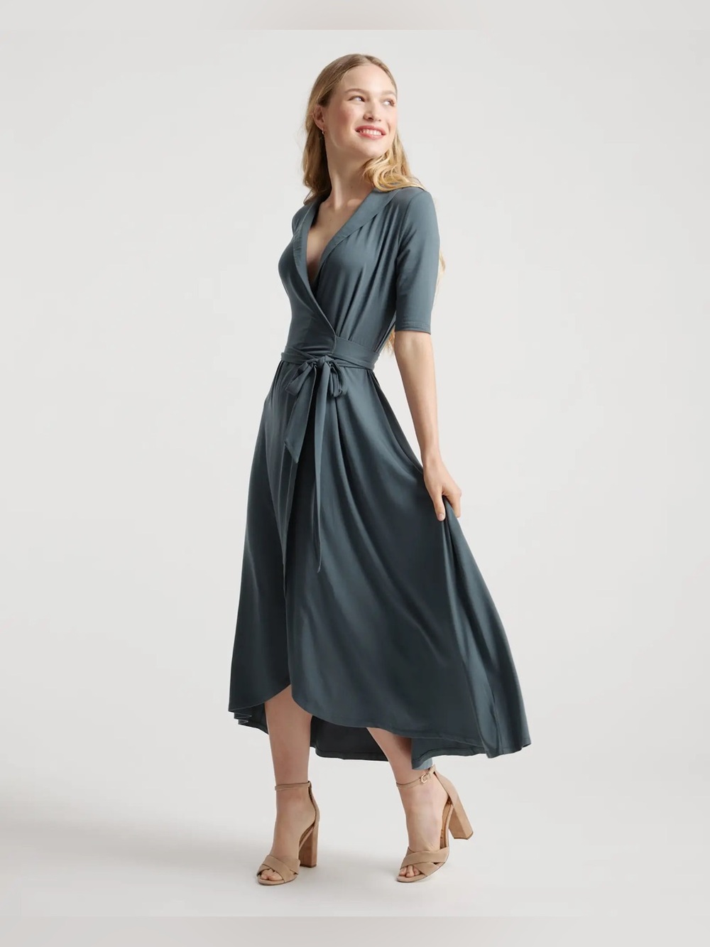 Quince Tencel Jersey Short Sleeve Casual Midi Wrap Dress in Dark Olive size M